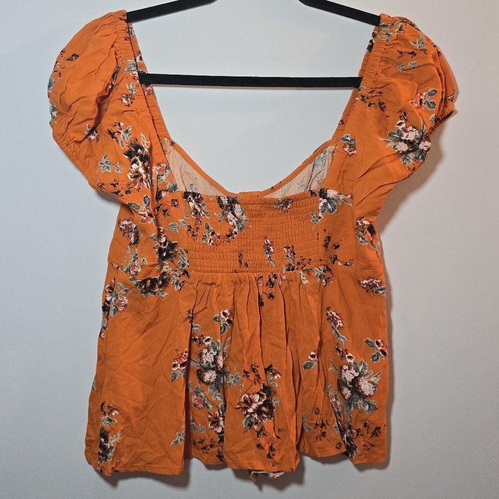 Free People Orange Floral Close To You Y2K Babydoll Short Sleeve Peaseant Top M - Picture 8 of 10